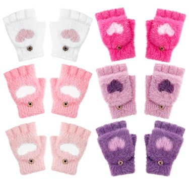 Geyoga 6 Paia Guanti Senza Dita per Bambini Guanti Invernali Convertibili Caldi in Maglia di Cuore(Vivace,3-6 anni)