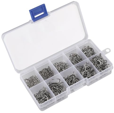 NHQZ 200 Piezas Anchos de Pesca de Mar, Accesorios de Pesca, con Caja de Plástico, 10 Tamaños, Gancho de Pesca Acero Inoxidable, Herramientas Esenciales para Pescadores