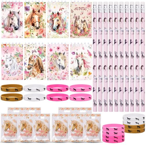 Fzyisw Set di pensierini per il compleanno dei bambini Give Aways per il compleanno dei cavalli, 10 matite a cavallo, 8 taccuini a cavallo, 10 sacchetti regalo, 8 braccialetti in silicone per bambini