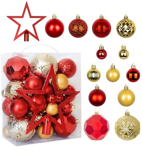 2026 Nouveau modèle Lot de 50 Boules de Noel Ø 8cm~3cm- en Plastique - avec Pointe de Sapin - Incassables - Décoration de Noël - Rouge doré