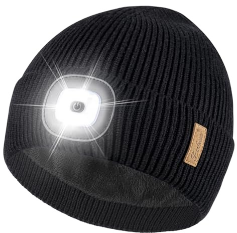 Etsfmoa Unisex Beanie with The Light,Fleece Lined Warm Knit Hat,Gifts for Men Women,Rechargeable LED Cap (UK, Alpha, One Size, Black)