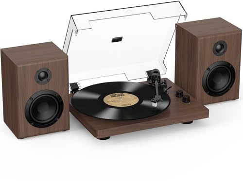 Trynnay skivspelare, Bluetooth, vintage skivspelare med hyllhögtalare, remdrivning, 2 hastigheter, valnöt