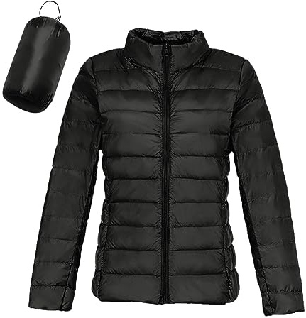 Doudoune Légère Femme D'hiver Chaude avec Capuche Plume Cintree Veste en Duvet Courte Grande Taille Duvet Jacket Pliable Fine Veste de Transition Rembourrée et Doublée pour Montagne (02 Black, S)