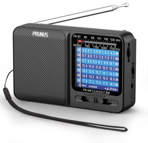 PRUNUS J-711 Am/SW/FM Radio Portatil Pequeña Recargable, Transistor Radio Pilas AA y Carga USB-C, Excelente Recepción, con Toma de Auriculares, Radios Bolsillo con Cordón para Caminar, Viajar.(Negro)