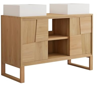 Vente-unique - Mueble de baño con patas de teca con doble tocador cuadrado de cerámica - L 120 cm - Mataram