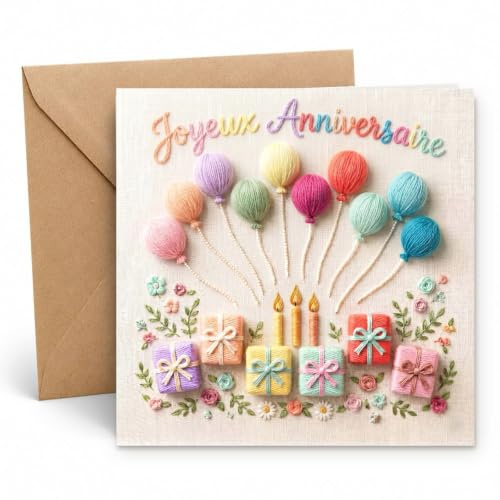 Edition Seidel Premium Carte d'anniversaire carrée avec enveloppe. Carte de vœux française Joyeux Anniversaire pour Femmes Amies Enfants ballons cadeaux mignon (GQ836 SW026)