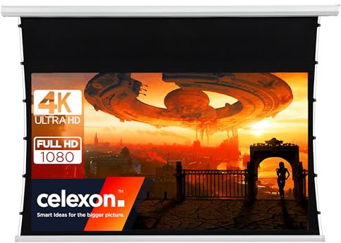 celexon basic Tension-Leinwand 110 | 240x135cm 16:9 | elektrische Full-HD 4K Beamerleinwand mit Seilspannsystem für Heimkino und Büropräsentationen | Decken-/Wandmontage möglich | inkl. Fernbedienung