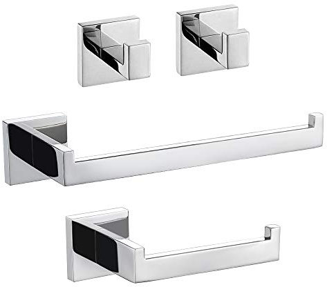 TURS 4 Pieces Bathroom Accessory Set,304 Stainless Steel Robe Hooks,Toilet Paper Holder,Towel Rail,Wall Mounted,Chrome Bathroom Accessories Anti-Rust Waterproof for Kitchen Bathroom,Polished Finish