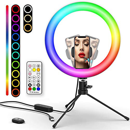 Aro de Luz 10.2 con Trípode, Anillo de Luz con 26 RGB Colores 9 Niveles de Brillo 3 Modos, 360º Ajustable Ring Light, Control Remoto Inalámbrico, para Móvil, Maquillaje Selfies,Vlog,TikTok,Youtube