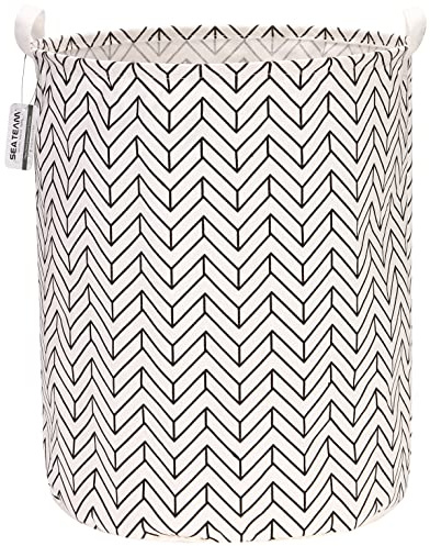 Sea Team Ramie Cotton Fabric Foldable Laundry Basket with Waterproof Coating Large Size 19.7 Inch Hessian Cylindrical Storage Basket with Stylish Arrow Black A Design