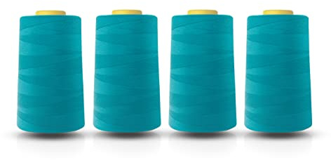 Realm Lot de 4 cônes de fil polyester pour machine à coudre surjeteuse 5000 yards (4572 m) Blanc Noir Naturel Bleu marine Rouge Gris (Turquoise)