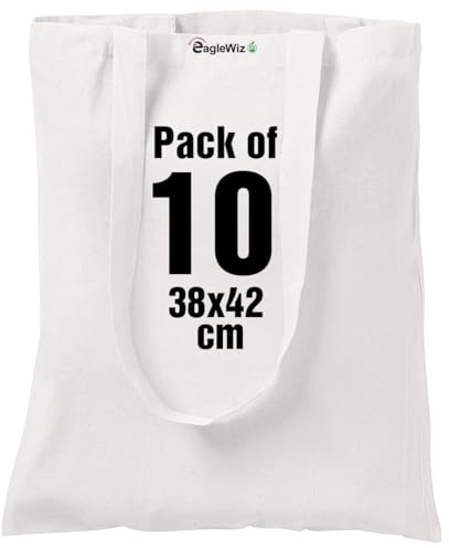 EagleWiz Natural Cotton Canvas Tote bag, Reusable grocery bags, 5 oz cotton canvas tote, eco friendly super strong washable great choice for promotion branding and gift (10, Off White)