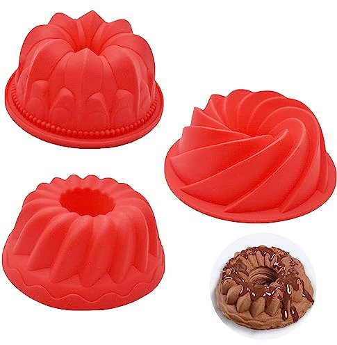 FIBOUND 3 Stück Silikon Gugelhupfform, Spiral Napfkuchen, Mini Beschichtet, Antihaft, Wiederverwendbare Kuchenform Set, Backform für Gugelhupf aus Silikon