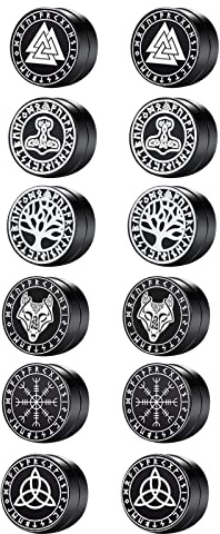 Aroncent 6Pairs Norse Viking Magnetic Stud Earrings for Men Women Stainless Steel Non-piercing Hypoallergenic Unisex Gauges Clip on Earring Set