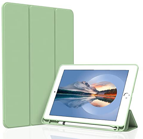 Figair Hülle für iPad 9./8./7. Generation 10,2 Zoll, Weicher TPU Rückseite Ultradünn Leicht Smart Schutzhülle, Auto Schlafen/Wecken Hülle mit Stifthalter für iPad 10,2” 2021/2020/2019, Grün