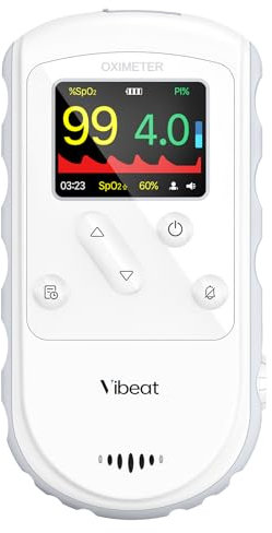 Vibeat Handheld Pulsoximeter für Erwachsene und Kinder, Wiederaufladbare Sauerstoffsättigung Messgerät für Finger Tracking Herzfrequenz und PI mit Alarm-Funktion, Maximal 384 Stunden Datenspeicherung