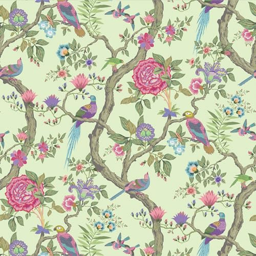 EELIKE Retro Tapete Blumen Vogel Mintgrün Chinoiserie Tapete Blätter Blumentapete Vintage Mustertapete Grün Fototapete Blumen Tropische Dschungel Tapete Kinderzimmer Badezimmer Flur 44.5cm x 300cm