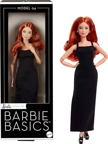 Barbie Essentiels Poupée de Collection modèle 04 avec Cheveux Roux bouclés, Petite Robe Noire et Bottes, Tenue à Coupe Universelle, poupée articulée morphologie Petit gabarit, JBH74