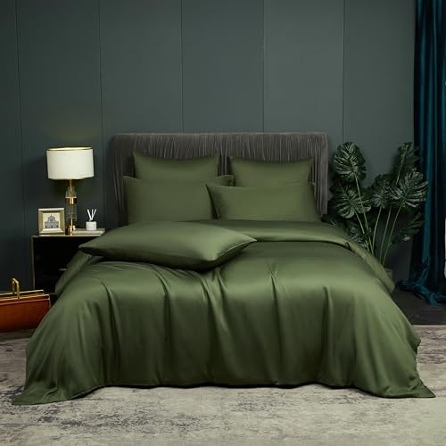 DXHOME Bambu sängkläder 135 x 200 cm 4 delar grön olivgrön uni bambufiber släta sommarsängkläder påslakan andas kylning lyx påslakan med dragkedja och 2 örngott 80 × 80 cm