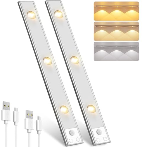 Pak Under Cabinet Lights, Rechargeable Motion Sensor Light Indoor, Wireless and 3-Color Dimmable with Cat’s Eye Hill Effect, for Display Cabinets, Showcases, Wine Racks, 2 Pack, Silver