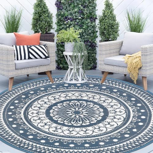 Cekene Grande tappeto da esterno rotondo impermeabile 240 cm blu reversibile tappeto da giardino in plastica facile da pulire tappetino per esterni patio giardino camper rimorchio cortile ponte picnic