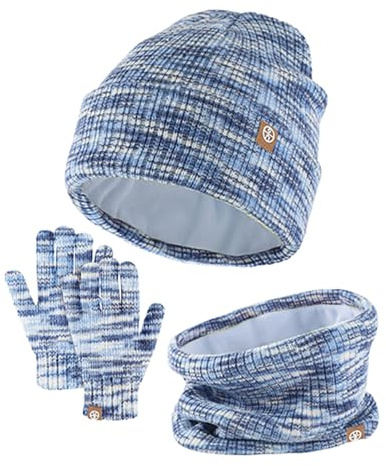 QKURT Kids Beanie Hat Scarf Glove Set, Children Winter Thermal Cap Neck Warmer Touch Screen Gloves Soft Warm Hat Scarf Mitten Colorful for 5-10 Years Old