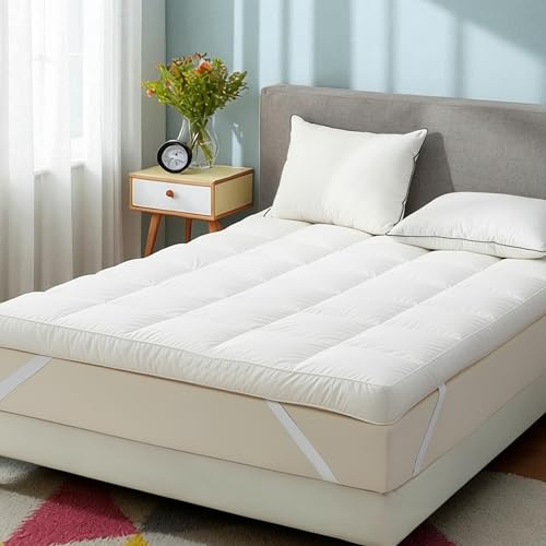 Luxtrous Mattress Topper Double Bed 12.5cm Premium White filled 85% goose feather and 15% down Quilted Extra Deep Ultra Fluffy and Breathable Strong Elastic Bands Fit up to 40cm(Super King)