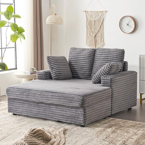 Furnimart Oversized Chaise Lounge Chair Indoor, 58 Inch Comfy Lounge Sofa with Wood Frame & 2 Throw Pillows, Fluffy Corduroy Loveseat for Living Room, Dark Gray