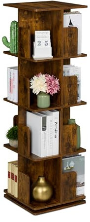 Relaxdays Bücherregal, 360 Grad drehbar, 4 Ebenen, Industrial Design, HxBxT: 125,5x39x39 cm, Wohnzimmer Drehregal, braun