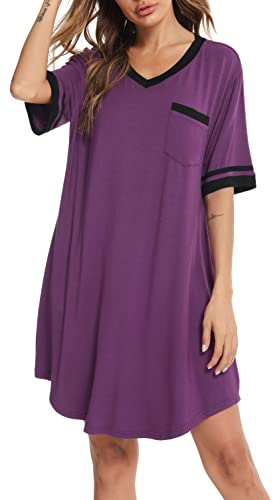 Vlazom Women's Nightgown V Neck Sleep Shirt Oversized Nightdress Short Sleeve Casual Loungewear Sleepwear Purple, 3XL