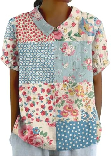 Haut en lin à manches longues pour femme - Tuniques de mariage en lin - Haut à manches 3/4 - T-shirt d'été décontracté à col en V pour femme - Imprimé floral - Tunique quotidienne, 01-e-bleu ciel, XXL
