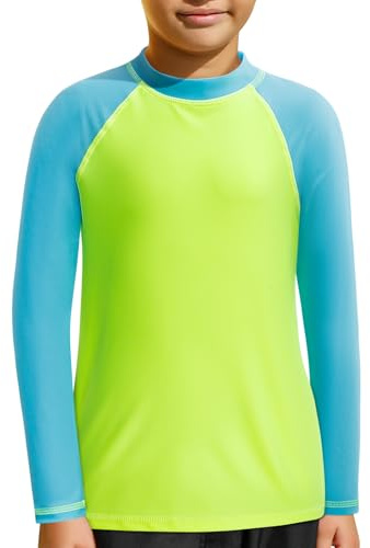 MASOCIO UV Shirt Kinder Langarm Badeshirt Jungen Schwimm T Tshirt Schwimmshirt Kind Wasser Surfshirt Langarmshirt Rashguard Rash Guard Bade Kleidung Junge 6 Jahre Gr 116-122 Grün Blau