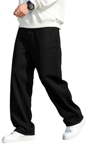 Zewool Pantalon Denim Homme Coupe Large Loose Fit Y2K Style Skater Jean Baggy à Jambe Droite Pantalon Hip Hop Streetwear Décontracté Coupe Relaxée Années 2000 pour Skateboard,E Noir,XL