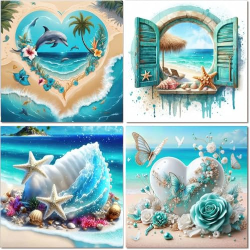 MBYAUYN Diamond Paining Erwachsene 4 Pack Ozean, DIY Diamant Painting Bilder, Diamond Paining Suitable as a Gift, for Relaxation and as a Wall Decoration 25 x 25 cm