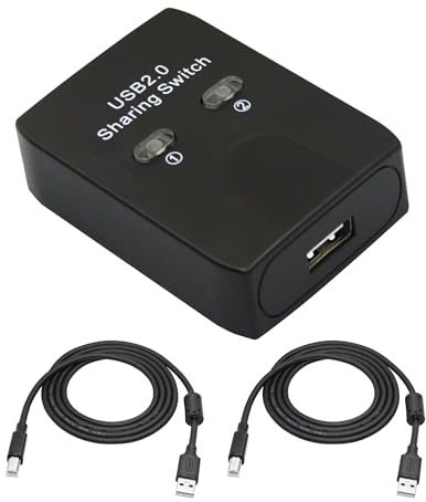 USB 2.0 Printer Sharer Switcher, USB Type B Adapter 2 in 1 Out 2 Devices Shared 1 Printer Scanner with Manual Switcher and LED Light (Including 2Pcs 4.9FT USB Printer Cables)