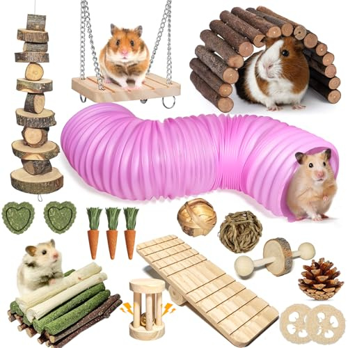 Juego completo de 40 juguetes para hámster; juguetes naturales para masticar, accesorios de jaula para mascotas pequeñas; túnel elástico, puente flexible de madera de manzana; balancín oscilante