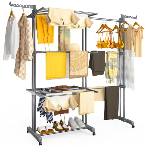 VOUNOT® Tendedero Vertical Plegable Extensible 4 Niveles 190x64x170cm Tendedores Ropa Torre 2 en 1 Secadora Multifunción con Alas Plegables Ruedas Estantes de Secado Ropa Interior/Exterior Gris
