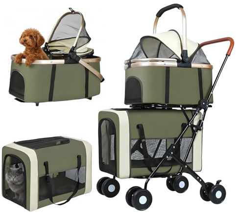 Beuway Double Pet Stroller for Dogs and Cats - Dog Stroller Foldable Travel Carriage with Detachable Carriers, Safety Belts, and 4 Lockable Wheels for Small to Medium Pets (Army Green)