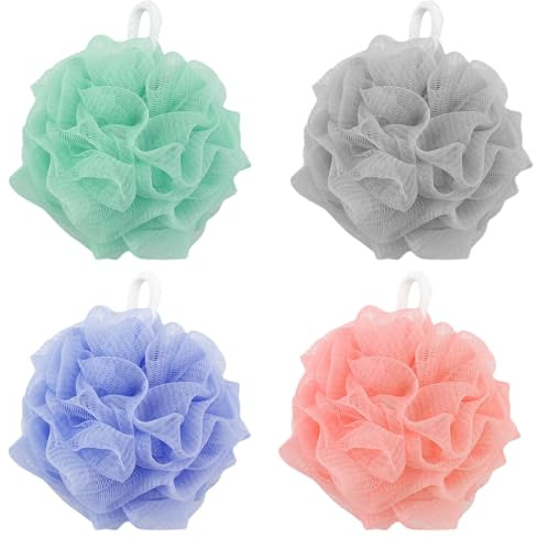 4 Pièces Éponge de Bain, Éponge de Douche, Maille Moussante Fleur de Douche Lavable, Fleur de Bain, Eponge Douche et Durable pour Exfolier la Peau Nettoyer la Peau Apaisante