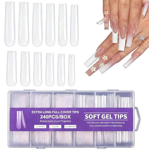 MtnLaur Capsules d'Ongles Carrés 240Pcs, Capsules d'Ongles Carrés Effilées Extra Longues Pleine Couverture, 12 Tailles No C Curve Ongles Extensions, pour Débutant et Salon Professionnel