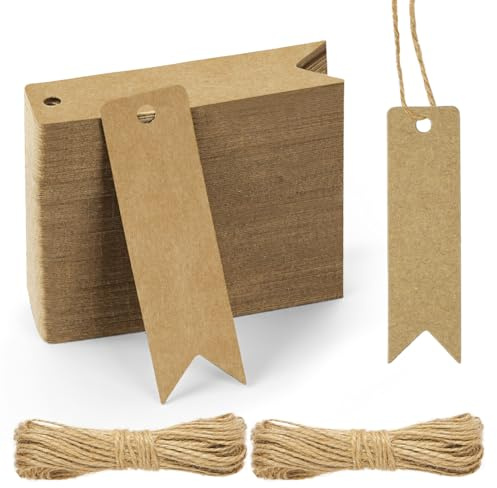 Flintronic Presentetiketter, 120 stycken rektangel kraftpapperslappar, 7 x 2 cm med 20 m jutesnöre, för bröllop, födelsedagar, alla hjärtans dag och hantverk- brun