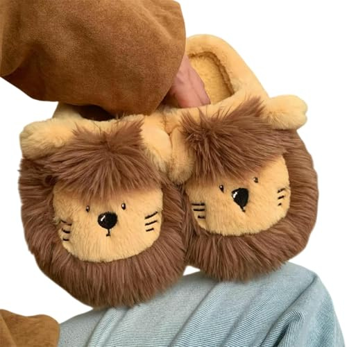Gyios Pantofole in Cotone da Donna con Pane Divertente, Casa Suola Spessa Calda Invernale, Scarpe Antiscivolo per Interni-leone-40-41