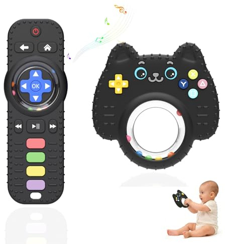 2Pack Teething Toys for 3-6 Months, Baby Chew Teethers Toy | for Babies 6-12 Months Remote Rattle Ring Teether for Baby, Sensory Toys for Babies, Baby Chew Toy (Black)