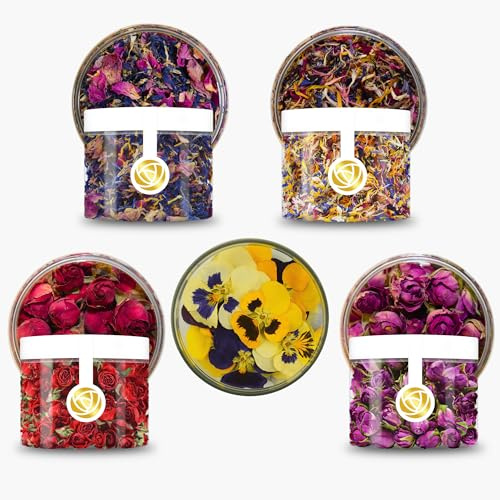 ROSIE ROSE- Essbare Blüten Probier-Set (5 Sorten) - Best-of Mix mit Kornblumen, Rosenblüten & Ganze Blüten - Wie frisch gepflückt & 3 Jahre haltbar - Getrocknete Blumen Essbar für Tortendeko & Kuchen