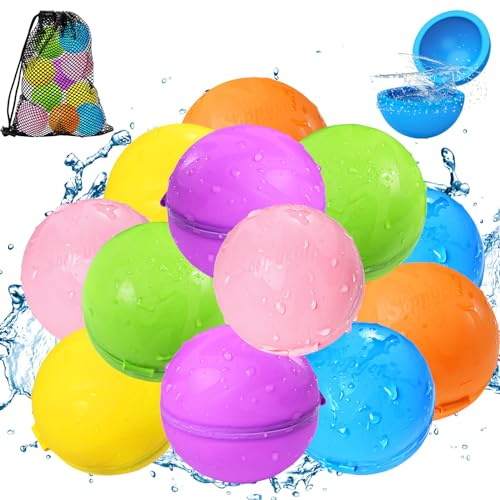 Reusable Water Balloons, Quick Fill Water Bombs for Kids Adults, Reusable Water Balls for Garden Pool Beach Outdoor Toys, Summer Family Party Water Fight Games (Multicoloured-12PCS)