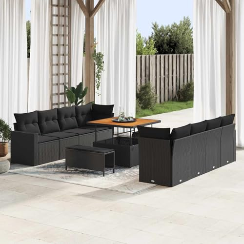 Runheo Ensemble canapé Jardin 12 pcs Noir polyrotin modulable avec Coussins Amovibles, Banquette Angle Convertible pour terrasse Balcon Patio, mobilier extérieur résistant Bois métal Aluminium