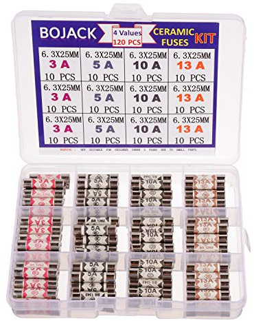 BOJACK 4 Values 120 pcs 3 5 10 13 A amp 240 V Volt Household Mains Plug Fuse 6.3x25 mm 0.25x1Inch BS1362 Ceramic Tube Cartridge Fuses Assortment Kit packag in a Clear Plastic Box