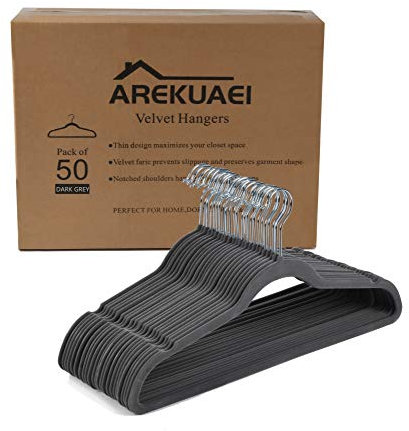 AREKUAEI Rutschfeste, dunkelgraue Samt-Kleiderbügel (50er-Pack), ultradünn, platzsparend, um 360 Grad drehbarer Haken, starke und langlebige Kleiderbügel, für Mäntel, Jacken, Hosen und Kleiderkleidung