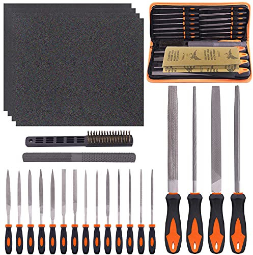 Glarks Juego de 25 Limas de Metal a Mano - 4 Grandes Planas/Triangulares/Semicirculares/Redondas, 12 de Aguja, Cepillo, 4 Papeles de Lija y Lima de Madera de 4 Vías