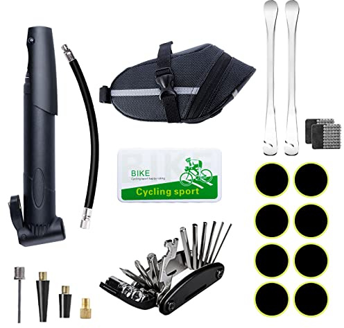 Bike Multi Tool Kit - 16 in 1 Bike Accessories, Bicycle Pump, Tire Levers, Saddle Bag, Tire Patch Kit for Mountain & Road Bikes, Cycling Gifts